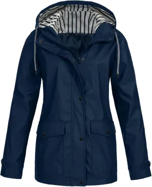 2023 Womens Fashion Hooded Rain Jacket Lightweight Trench Coat Long Sleeve Windbreaker Zip Up Drawstring Raincoat Pockets