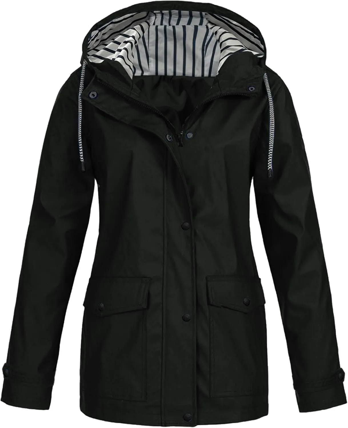 2023 Womens Fashion Hooded Rain Jacket Lightweight Trench Coat Long Sleeve Windbreaker Zip Up Drawstring Raincoat Pockets