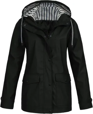 2023 Womens Fashion Hooded Rain Jacket Lightweight Trench Coat Long Sleeve Windbreaker Zip Up Drawstring Raincoat Pockets