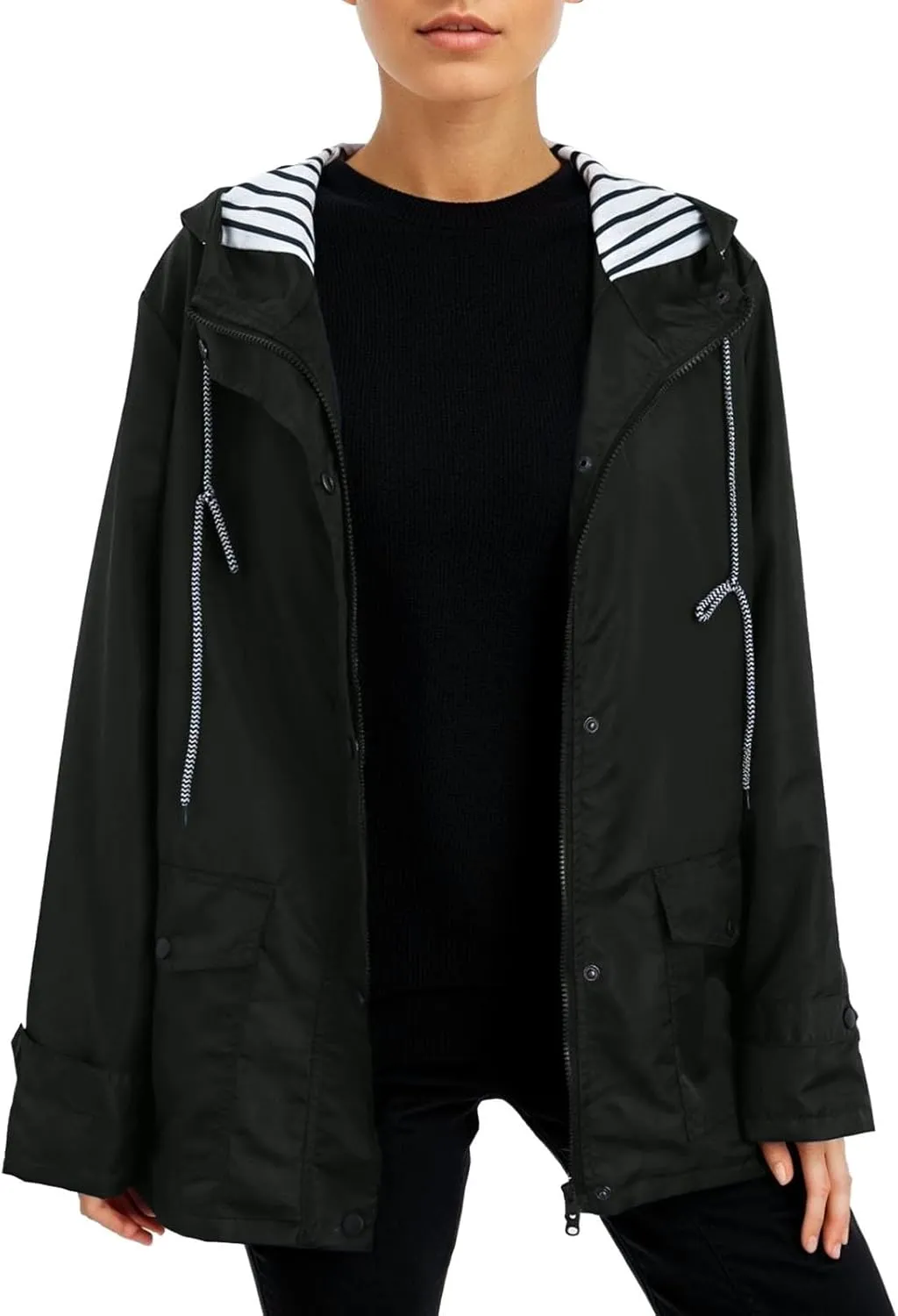 2023 Womens Fashion Hooded Rain Jacket Lightweight Trench Coat Long Sleeve Windbreaker Zip Up Drawstring Raincoat Pockets