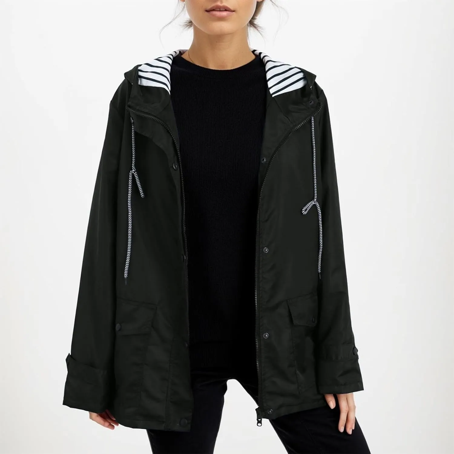 2023 Womens Fashion Hooded Rain Jacket Lightweight Trench Coat Long Sleeve Windbreaker Zip Up Drawstring Raincoat Pockets