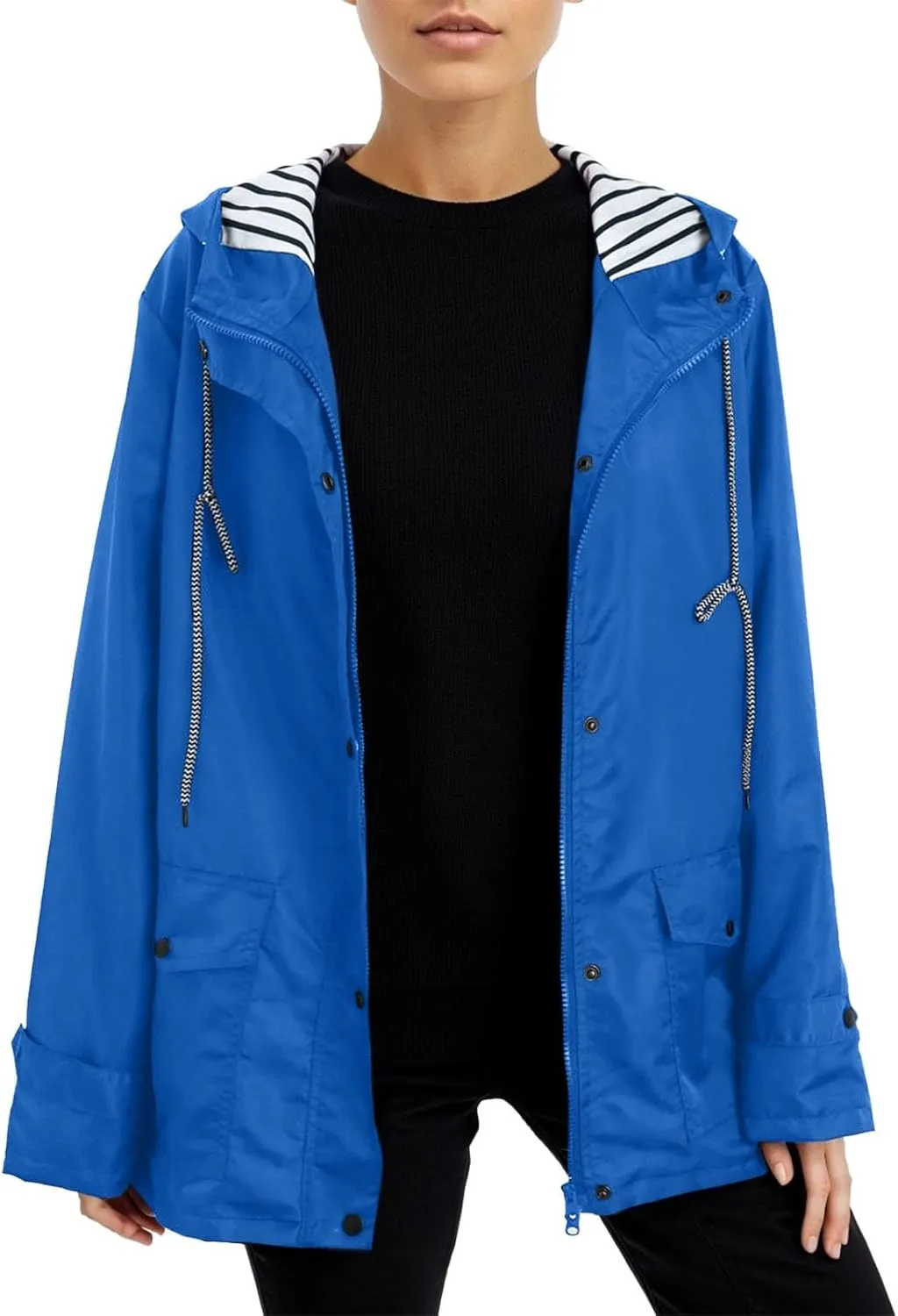 2023 Womens Fashion Hooded Rain Jacket Lightweight Trench Coat Long Sleeve Windbreaker Zip Up Drawstring Raincoat Pockets