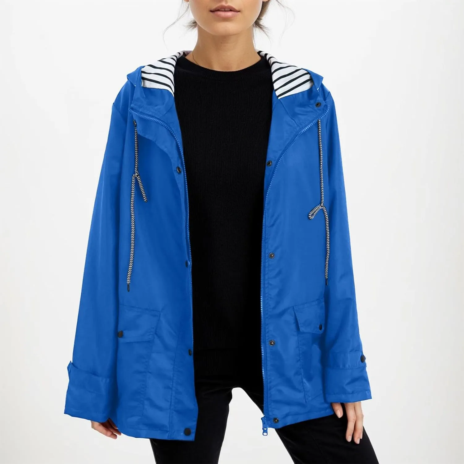 2023 Womens Fashion Hooded Rain Jacket Lightweight Trench Coat Long Sleeve Windbreaker Zip Up Drawstring Raincoat Pockets