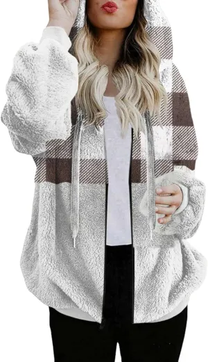 2024 Fall Coat Tops 2024 Winter Warm Fuzzy Plaid Shirt Jackets Plus Size Button Down Long Sleeve Coats with Pockets