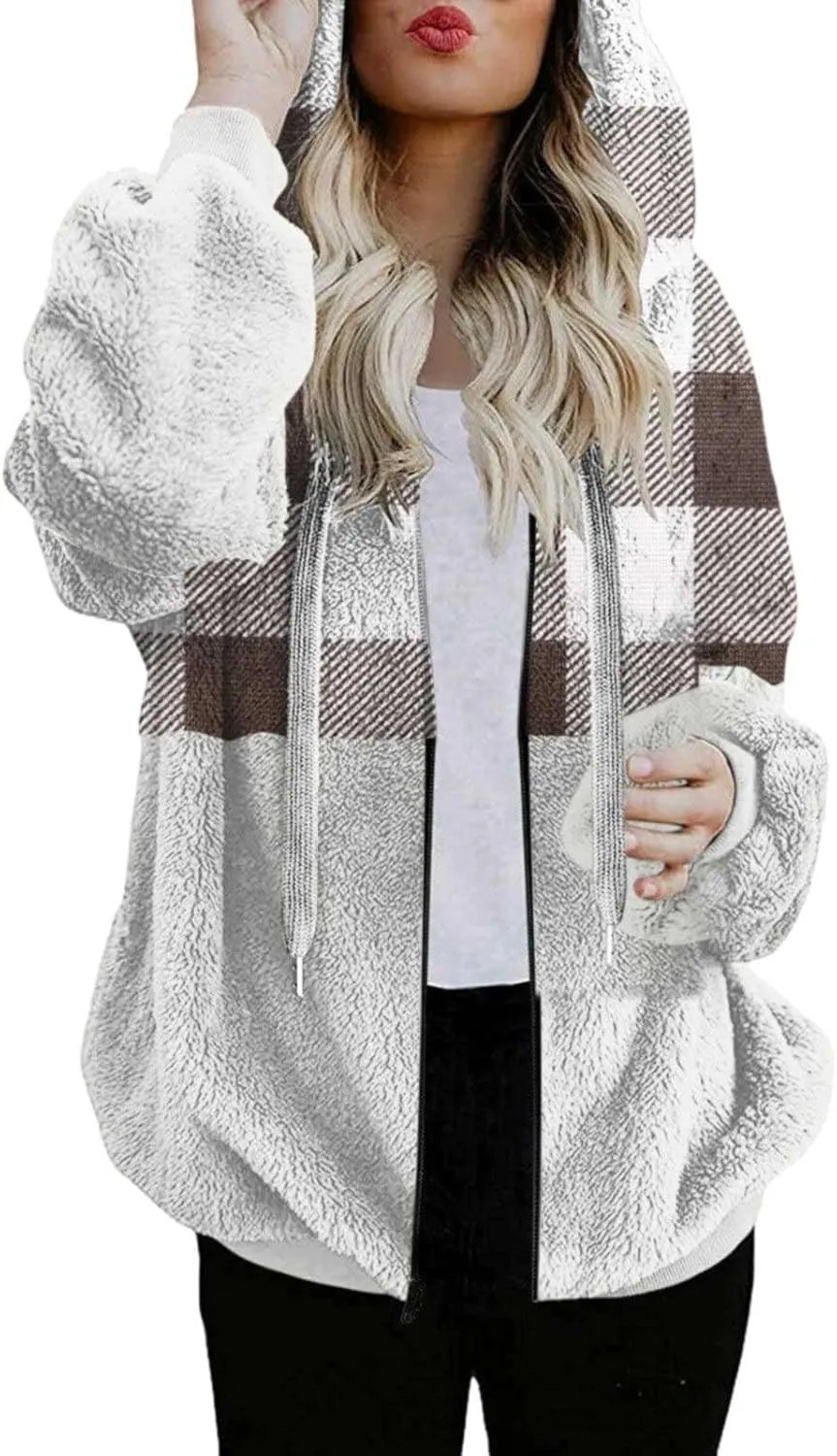 2024 Fall Coat Tops 2024 Winter Warm Fuzzy Plaid Shirt Jackets Plus Size Button Down Long Sleeve Coats with Pockets