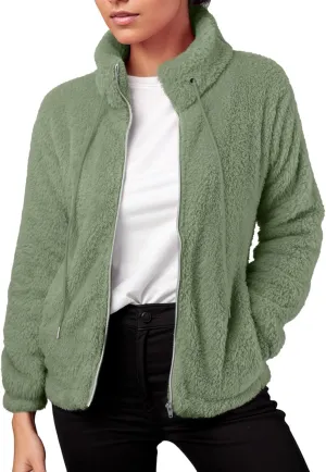 2024 Womens Fleece Jackets Winter Casual Fuzzy Coats Warm Plush Zipper Sweatshirt Dressy Loose Plus Size Outwear Trench Coat