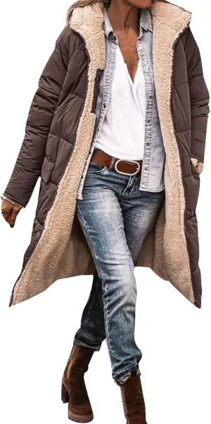 2024 Womens Reversible Puffer Jackets Warm Winter Fleece Teddy Jacket Zip Up Hoodie Pockets Long Down Coat Outerwear