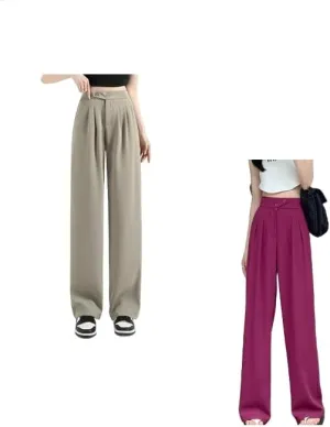 2PCS Figure-Flattering Versatile High-Waisted Wide Leg Trousers Women's Ice Silk Casual Loose Fit Straight Long Pants