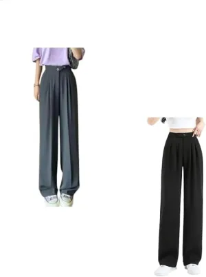 2PCS Figure-Flattering Versatile High-Waisted Wide Leg Trousers Women's Ice Silk Casual Loose Fit Straight Long Pants