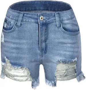 Andongnywell Womens Mid Waisted Summer Raw Hem Distressed Denim Shorts Trendy Jean Shorts Casual Stretch Jeans with Pockets