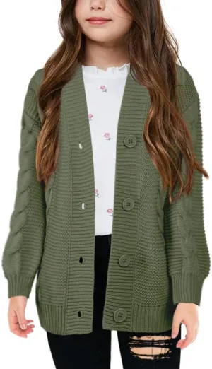 Apbondy Girls Cable Knit Cardigans Button Down Long Sleeve Chunky Sweater Outerwear