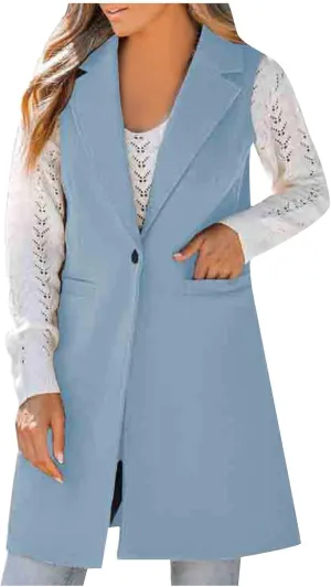 Binmer Women's Sleeveless Blazer Vest Fashion Woolen Trench Coat Casual One Button Longline Jackets Outerwear with Pockets