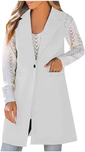 Binmer Women's Sleeveless Blazer Vest Fashion Woolen Trench Coat Casual One Button Longline Jackets Outerwear with Pockets