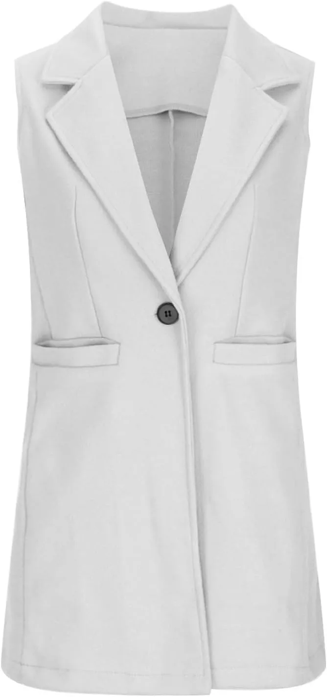 Binmer Women's Sleeveless Blazer Vest Fashion Woolen Trench Coat Casual One Button Longline Jackets Outerwear with Pockets