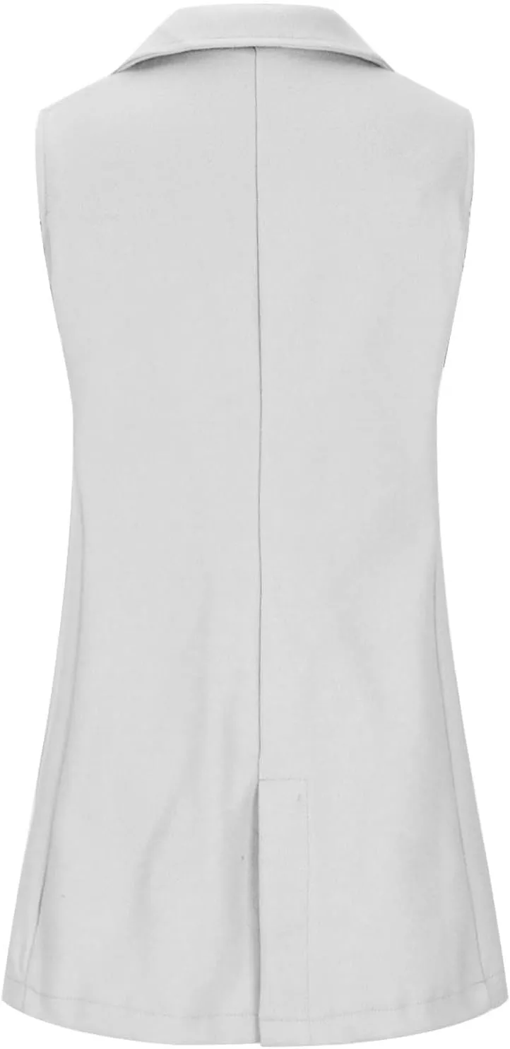Binmer Women's Sleeveless Blazer Vest Fashion Woolen Trench Coat Casual One Button Longline Jackets Outerwear with Pockets
