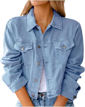 BTDECLAR Womens Denim Jacket Petite Crop Top Casual Button Up Long Sleeve Slim Fit Jean Jackets Trucker Denim Cardigan Coat
