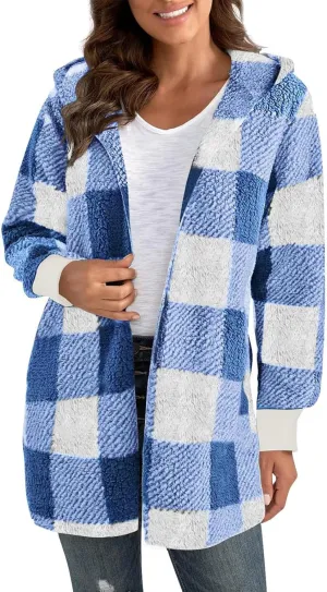 Buffalo Plaid Cardigan for Women Comfy Fuzzy Cable Knit Sweaters Color Block Long Sleeve Hooded Open Front Cardigan