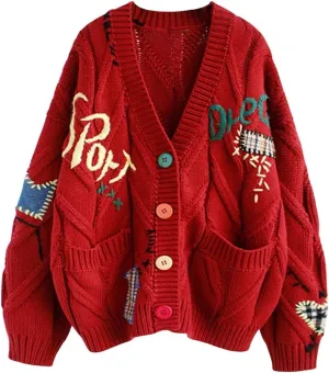 Cable Knit Sweaters for Women 2024 Funny Embroidery Button Down Cardigans Casual Long Sleeve Open Front Coat Jacket