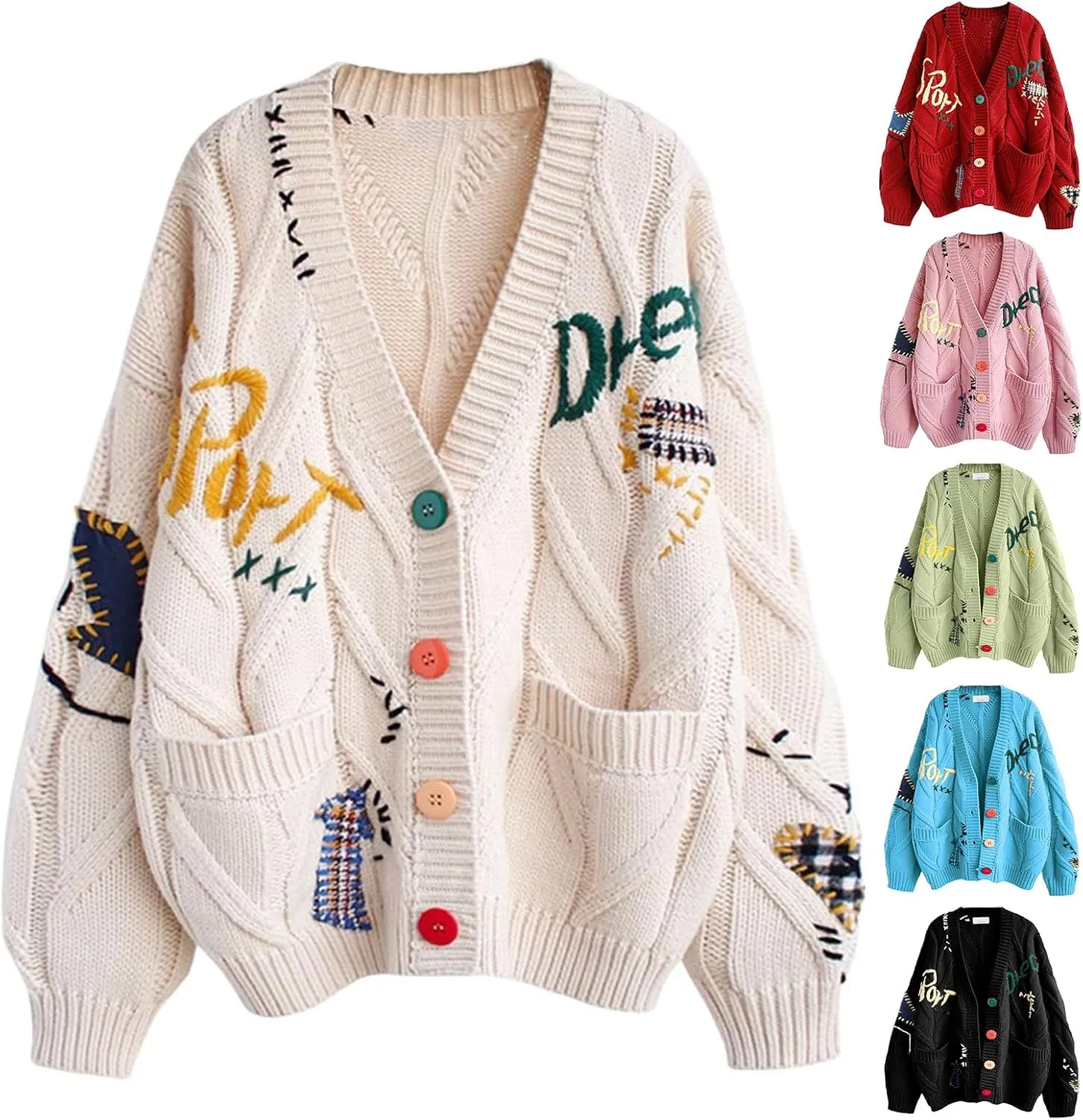 Cable Knit Sweaters for Women 2024 Funny Embroidery Button Down Cardigans Casual Long Sleeve Open Front Coat Jacket