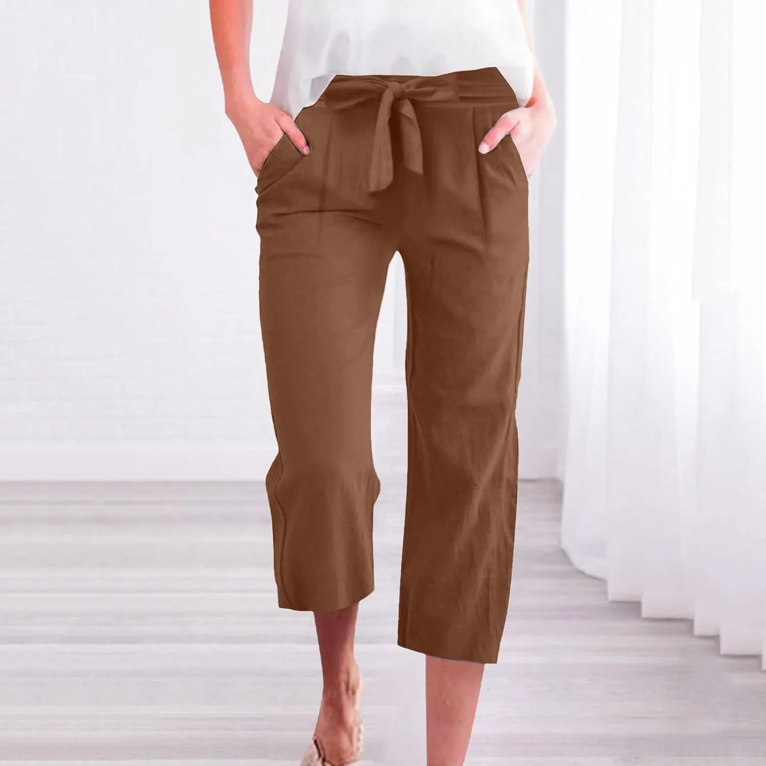 Capri Pants for Women Linen 2025 Summer Pants High Waisted Drawstring Work Straight Wide Leg Pockets Cropped Trouser
