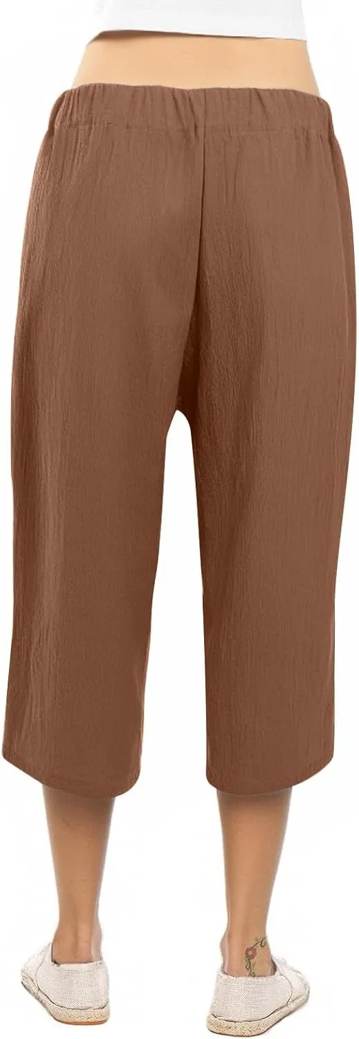 Capri Pants for Women Linen 2025 Summer Pants High Waisted Drawstring Work Straight Wide Leg Pockets Cropped Trouser