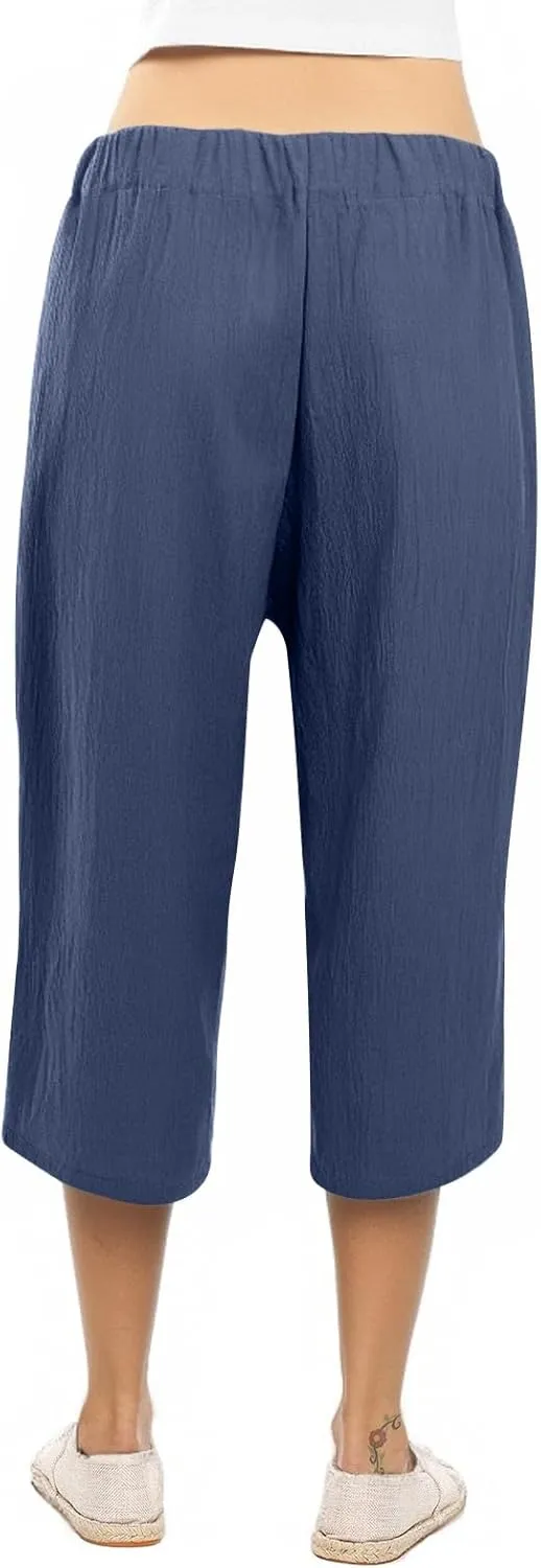 Capri Pants for Women Linen 2025 Summer Pants High Waisted Drawstring Work Straight Wide Leg Pockets Cropped Trouser