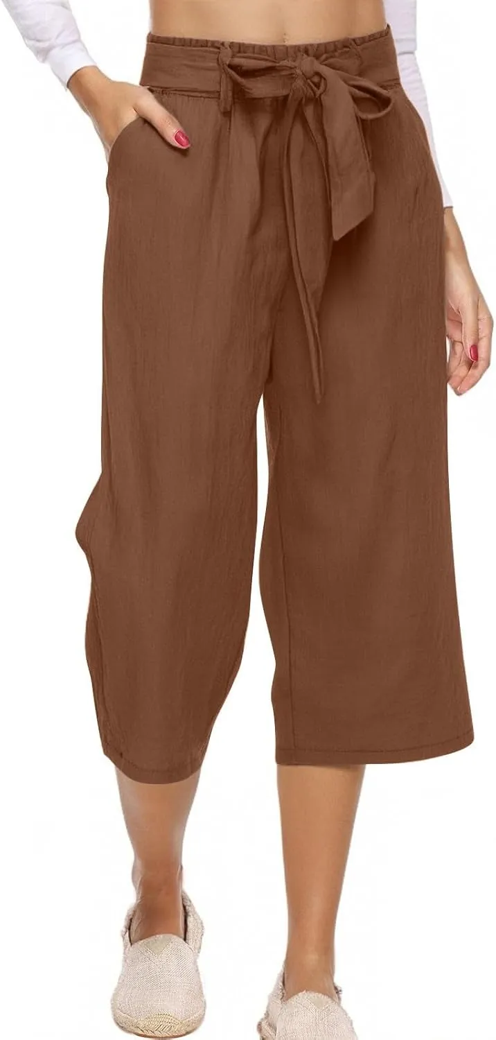 Capri Pants for Women Linen 2025 Summer Pants High Waisted Drawstring Work Straight Wide Leg Pockets Cropped Trouser
