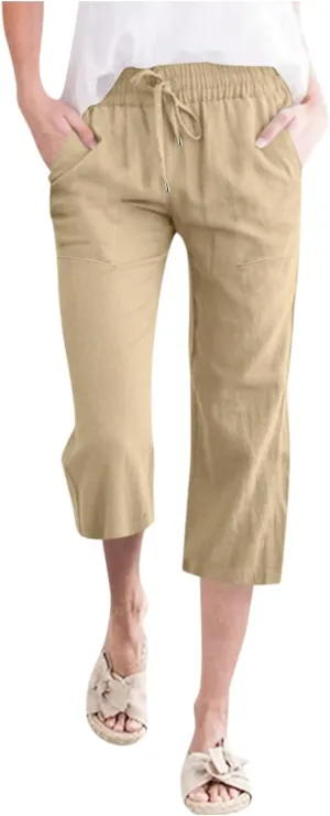 Capri Pants for Women Linen 2025 Summer Pants High Waisted Drawstring Work Straight Wide Leg Pockets Cropped Trouser