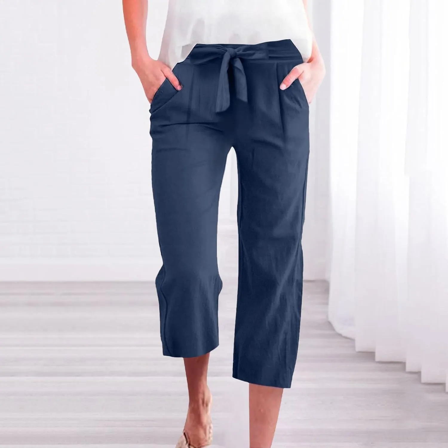 Capri Pants for Women Linen 2025 Summer Pants High Waisted Drawstring Work Straight Wide Leg Pockets Cropped Trouser