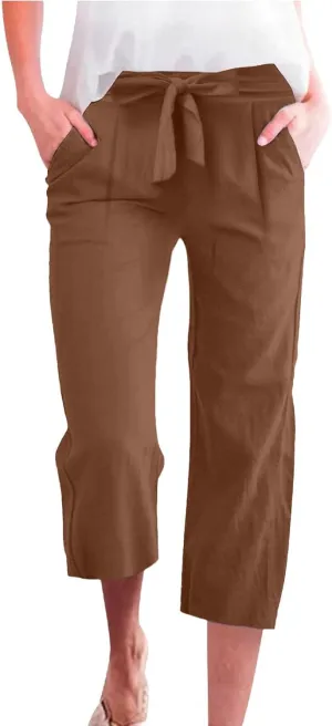Capri Pants for Women Linen 2025 Summer Pants High Waisted Drawstring Work Straight Wide Leg Pockets Cropped Trouser