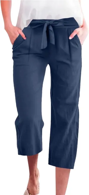 Capri Pants for Women Linen 2025 Summer Pants High Waisted Drawstring Work Straight Wide Leg Pockets Cropped Trouser