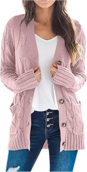 Cardigan Sweaters for Women 2024 Casual Long Sleeve Button Down Open Front Jackets Plus Size Cable Knit Sweater with Pockets