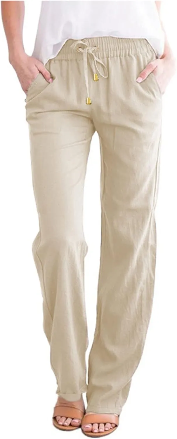 Casual Cotton Linen Pants Women Elastic High Waisted Drawstring Pants Lounge Long Straight Leg Drawstring Work Yoga Pants Trousers with Pockets Pantalones De Mujer