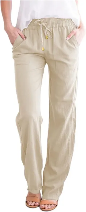 Casual Cotton Linen Pants Women Elastic High Waisted Drawstring Pants Lounge Long Straight Leg Drawstring Work Yoga Pants Trousers with Pockets Pantalones De Mujer