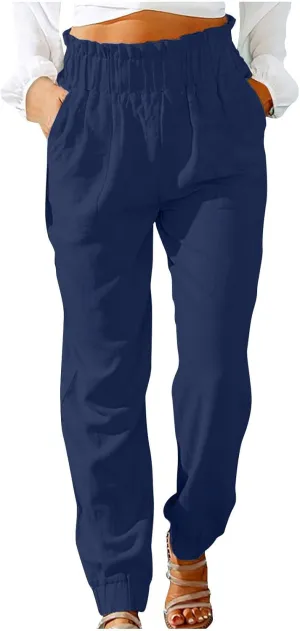Ceboyel Women's High Waist Linen Pants Beach Casual Tapered Pants Elastic Waist Lounge Trouser Summer Outfits with Pockets