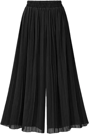 CHARTOU Women's Loose Chiffon Elastic Waist Pleated Cropped Wide Leg Pants Palazzo