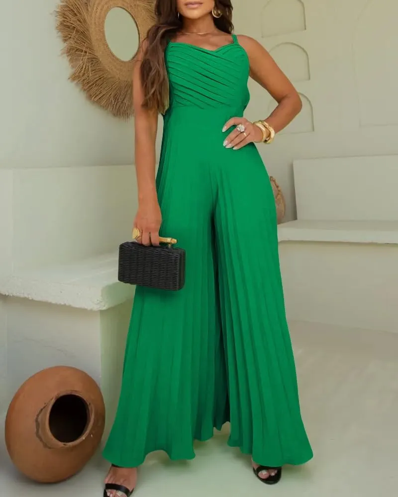 CHICME Women’s Jumpsuit Wide Leg Pleated Pants Summer Overalls Holiday Jumpsuits Long Pants