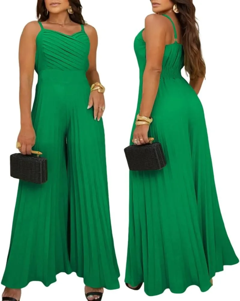 CHICME Women’s Jumpsuit Wide Leg Pleated Pants Summer Overalls Holiday Jumpsuits Long Pants