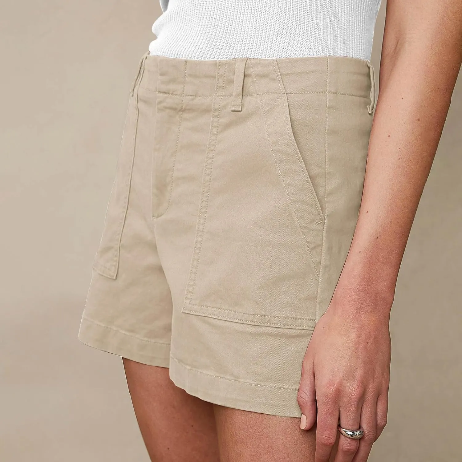 Chino Shorts for Women Casual Summer Linen Shorts Pull On Elastic High Waisted Wide Leg Lounge Short with Pockets