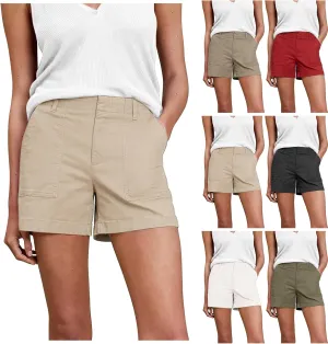Chino Shorts for Women Casual Summer Linen Shorts Pull On Elastic High Waisted Wide Leg Lounge Short with Pockets