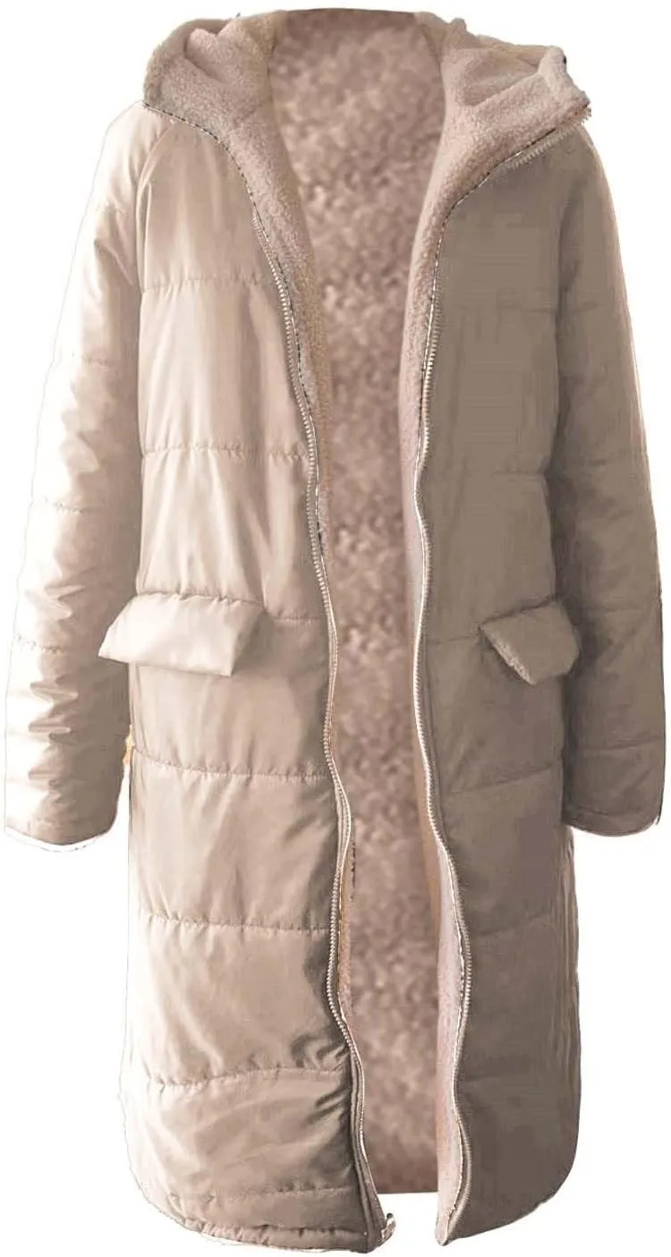 Coat Parka Jacket Xs-Xxl Fleece Lined Long Sleeve Outwear Full Zipper Solid Coat Winter Warm Women Long Quilted Coat
