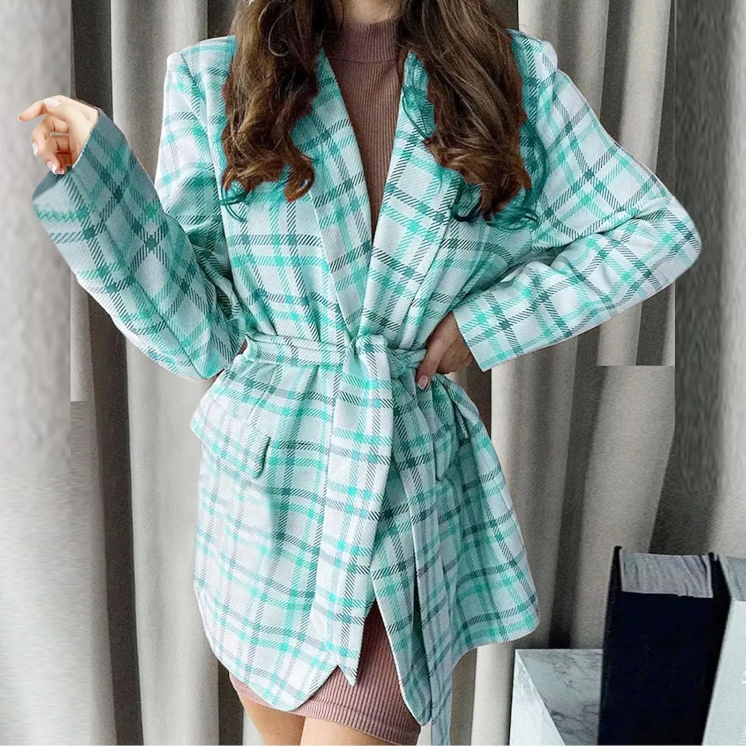 cooki Winter Coats for Women 2024 Women's Plaid Print Wool Blend Pea Coat Casual Lace Up Trench Coat Jacket with Belt