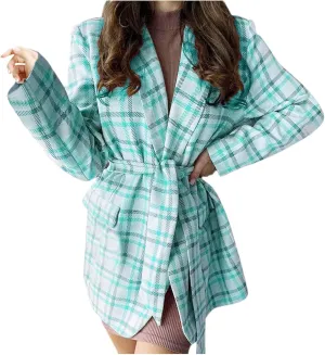 cooki Winter Coats for Women 2024 Women's Plaid Print Wool Blend Pea Coat Casual Lace Up Trench Coat Jacket with Belt