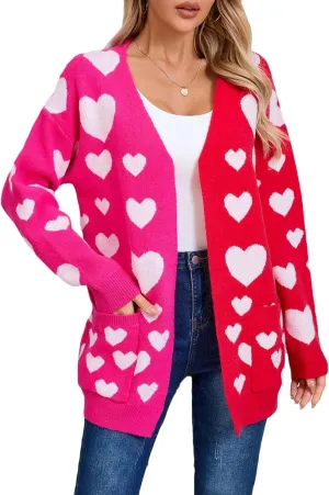 CORIRESHA Women's Longline Open Front Heart Jacquard Color Block Knit Sweater Cardigan