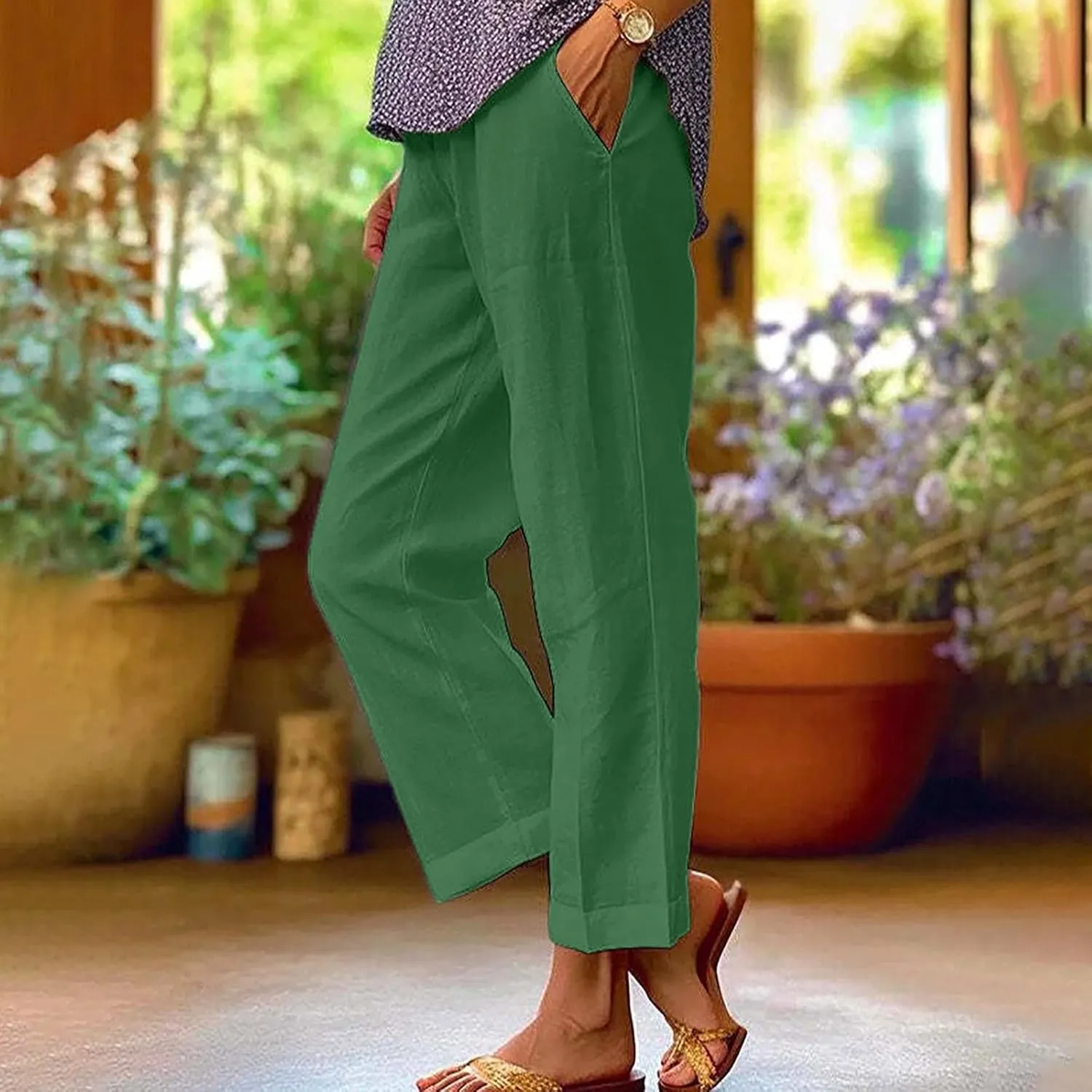 Cotton Linen Pants for Women Straight Leg Elastic Waist Pants Loose Fit Casual Trousers Plus Size Slack 2024 Fashion