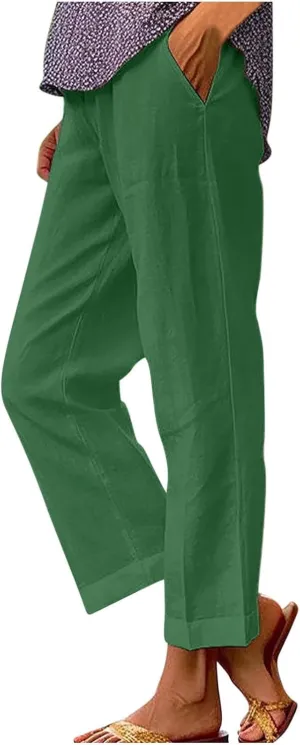 Cotton Linen Pants for Women Straight Leg Elastic Waist Pants Loose Fit Casual Trousers Plus Size Slack 2024 Fashion