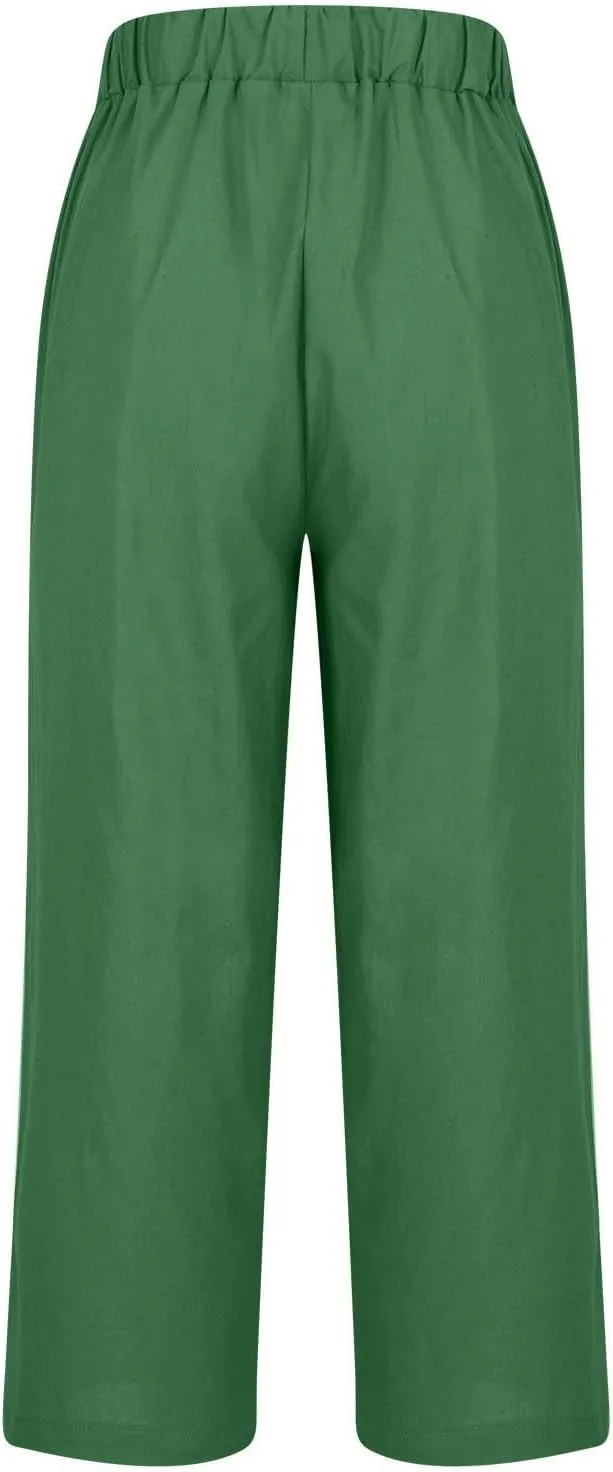Cotton Linen Pants for Women Straight Leg Elastic Waist Pants Loose Fit Casual Trousers Plus Size Slack 2024 Fashion