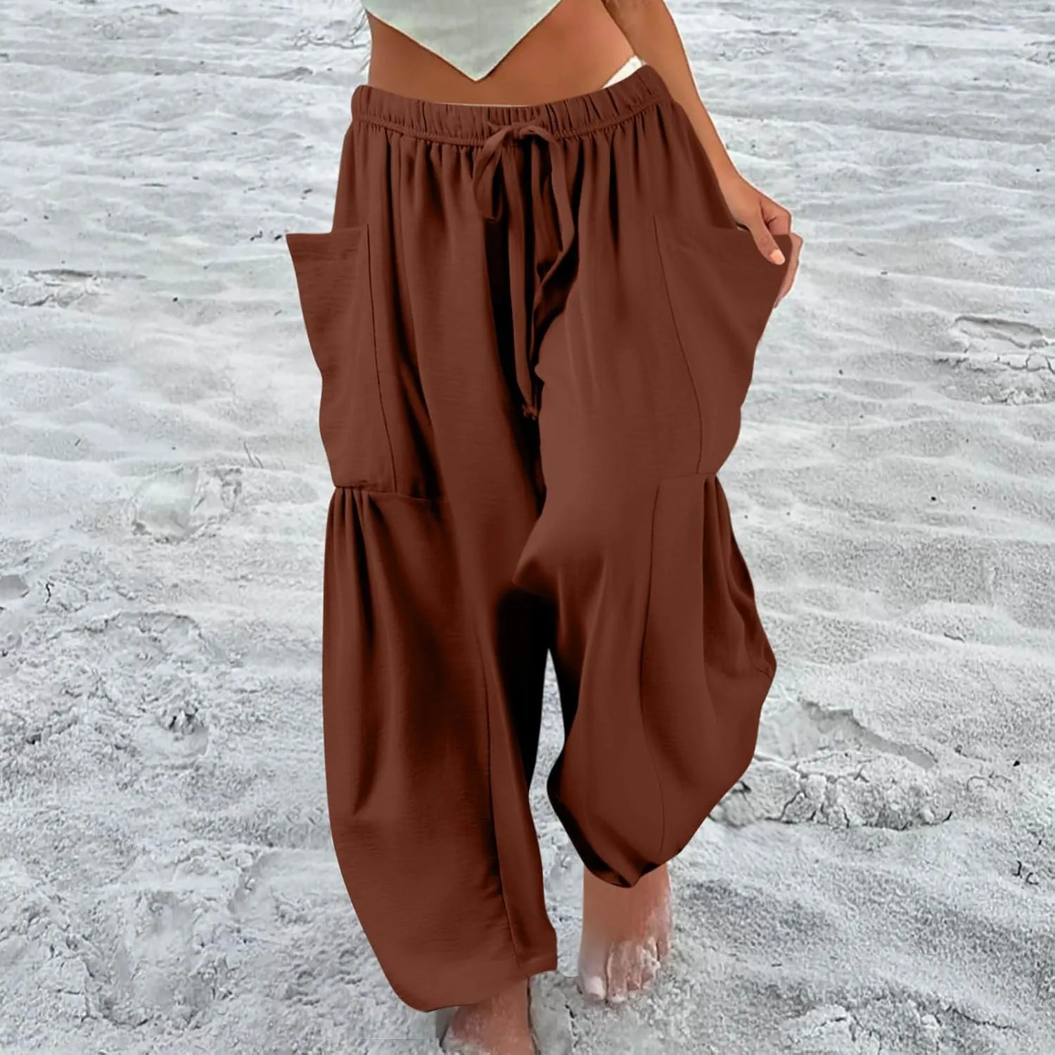 Cotton Linen Pants Women Capri Wide Leg Pants Palazzo Lounge Pant Drawstring Summer Beach Harem Pant with Pockets