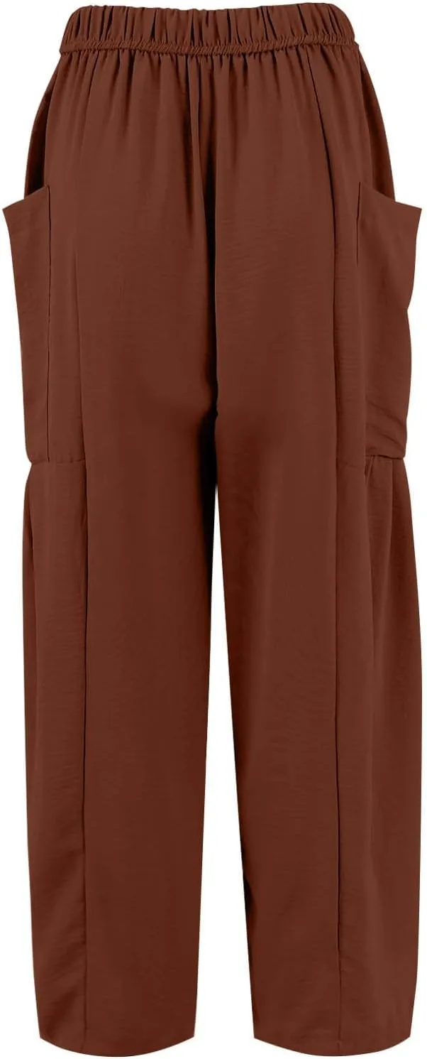 Cotton Linen Pants Women Capri Wide Leg Pants Palazzo Lounge Pant Drawstring Summer Beach Harem Pant with Pockets