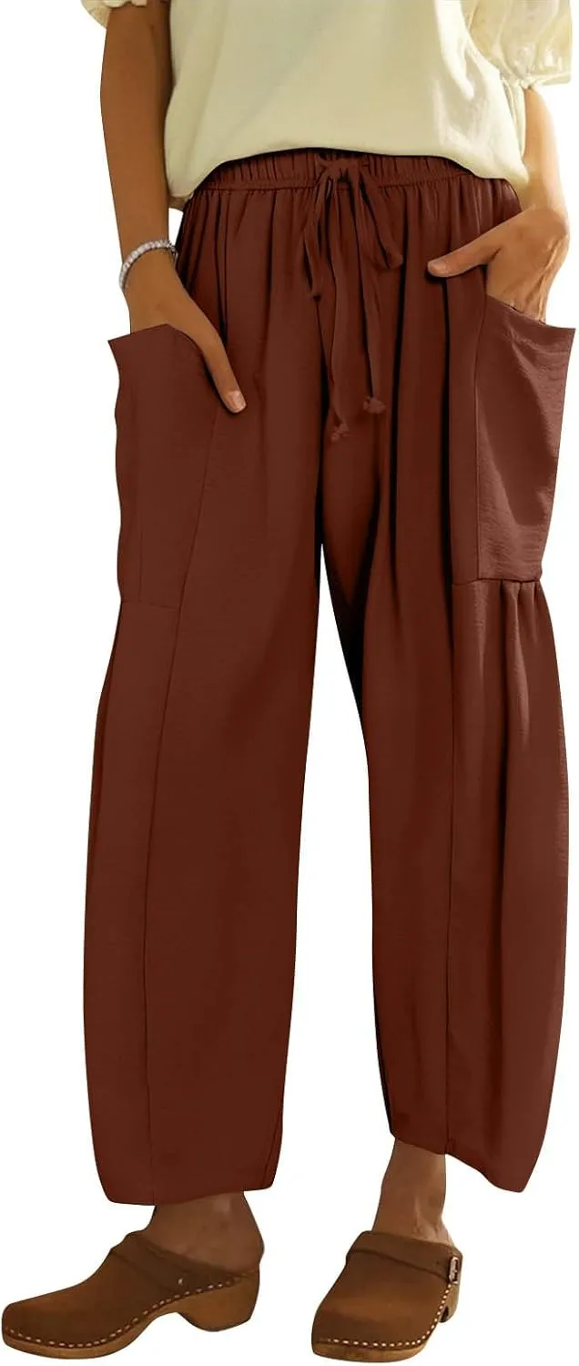 Cotton Linen Pants Women Capri Wide Leg Pants Palazzo Lounge Pant Drawstring Summer Beach Harem Pant with Pockets